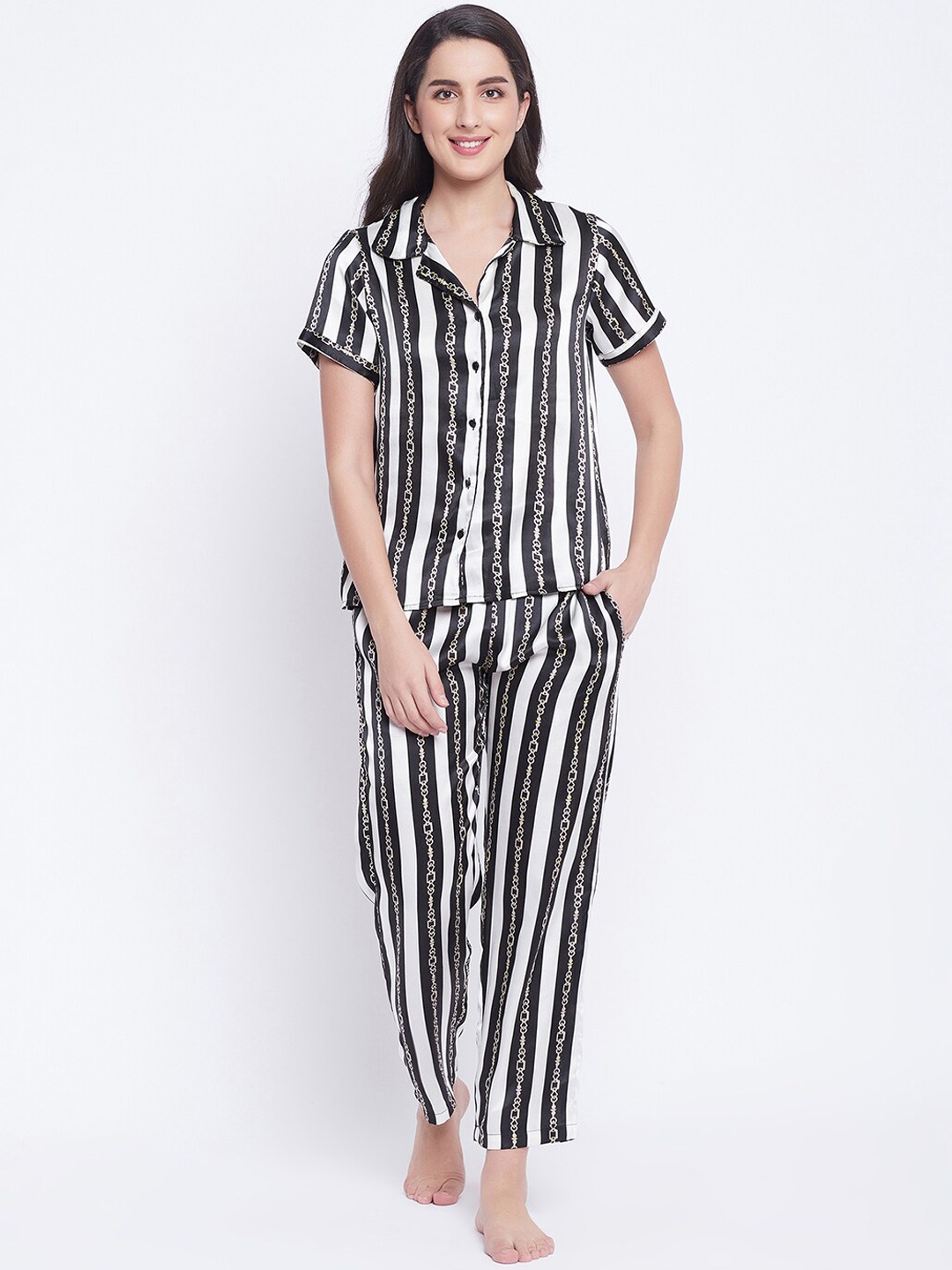 

Clovia Women Black & White Striped Satin Night suit