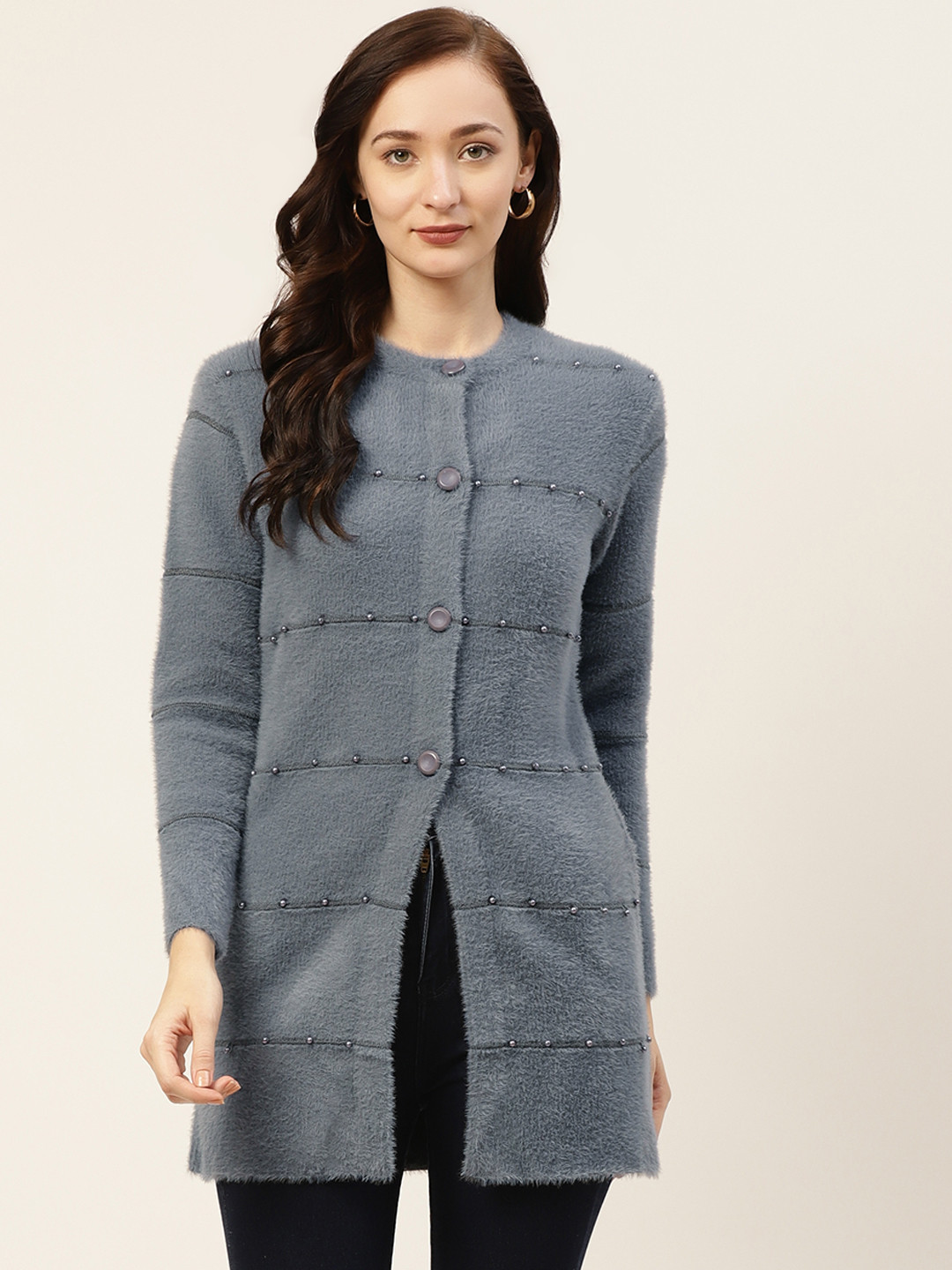

BROOWL Women Blue Striped Wool Cardigan with Embellished Detail