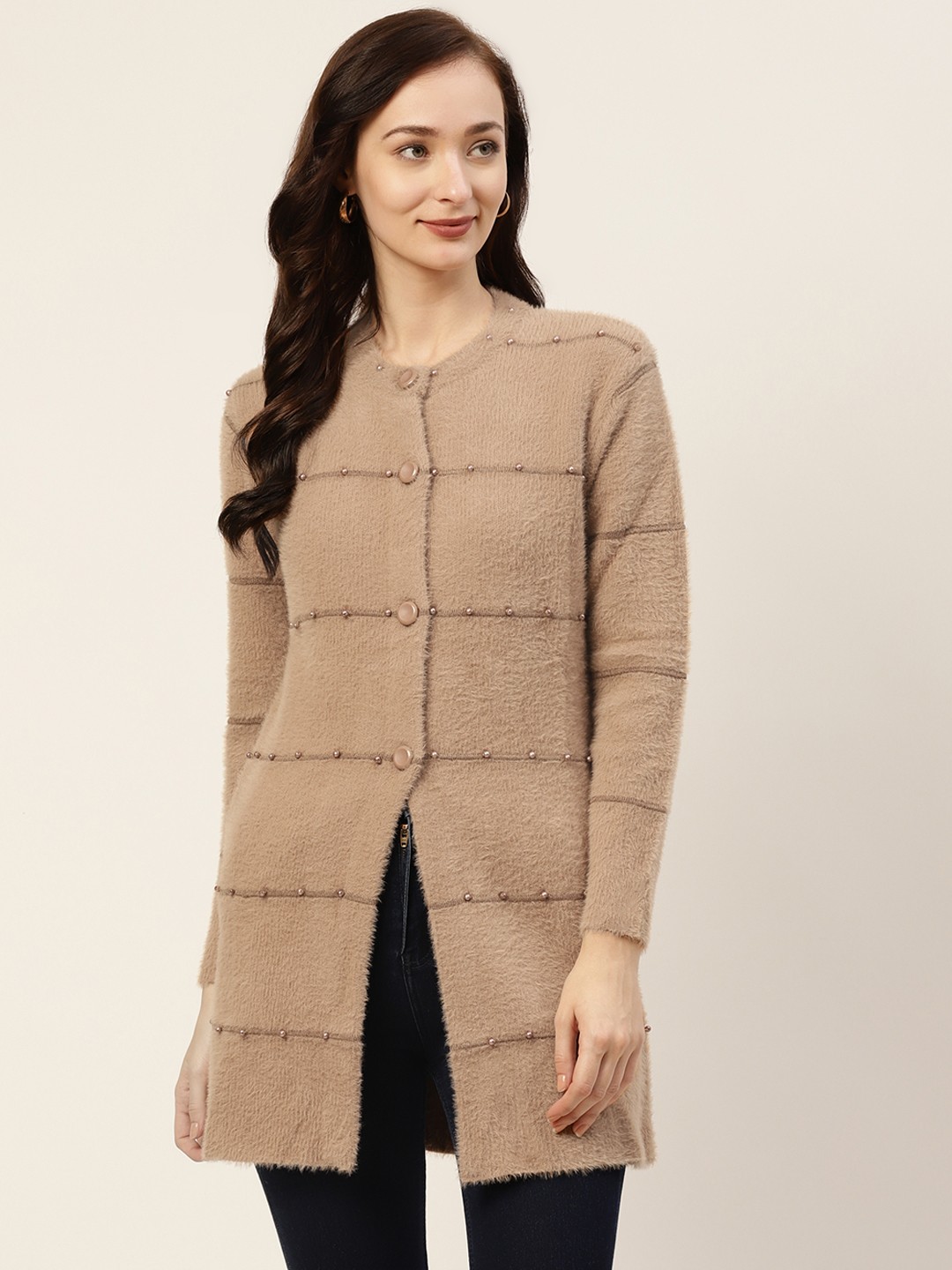 

BROOWL Women Beige Striped Wool Cardigan with Embellished Detail