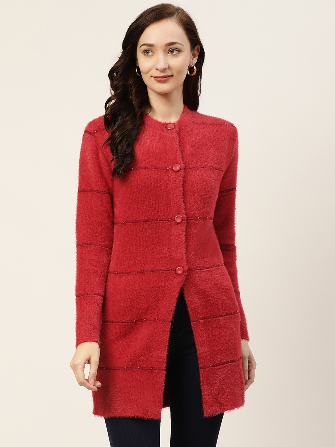

BROOWL Women Red Striped Wool Cardigan with Embellished Detail