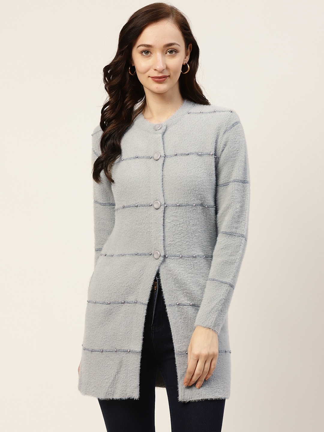

BROOWL Women Grey Wool Cardigan with Embellished Detail