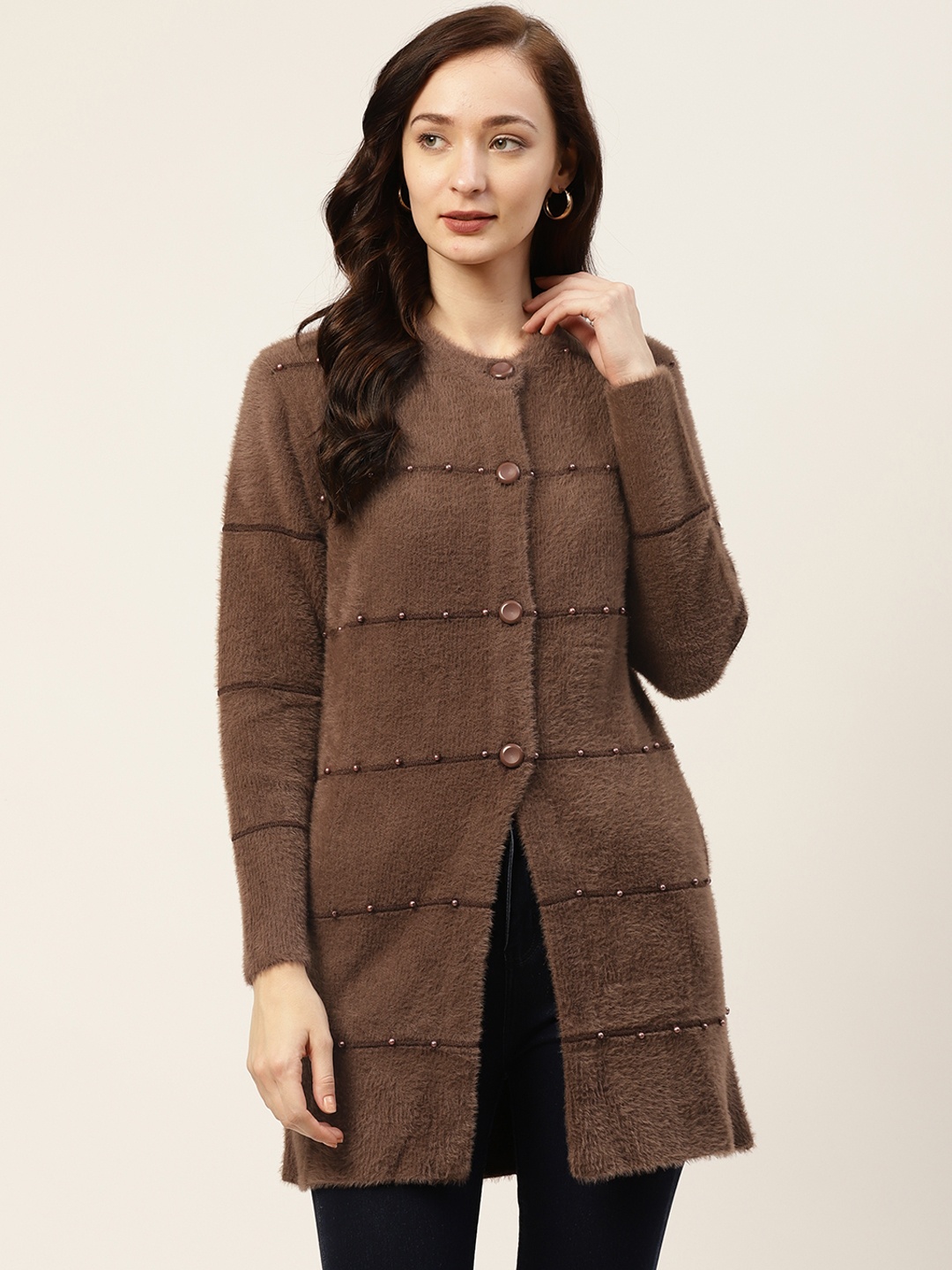 

BROOWL Women Brown Striped Cardigan with Embellished Detail