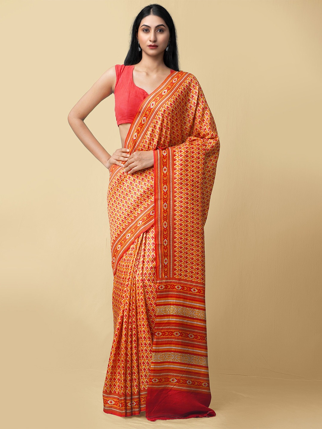 

Unnati Silks Orange & Red Floral Pure Silk Baluchari Saree