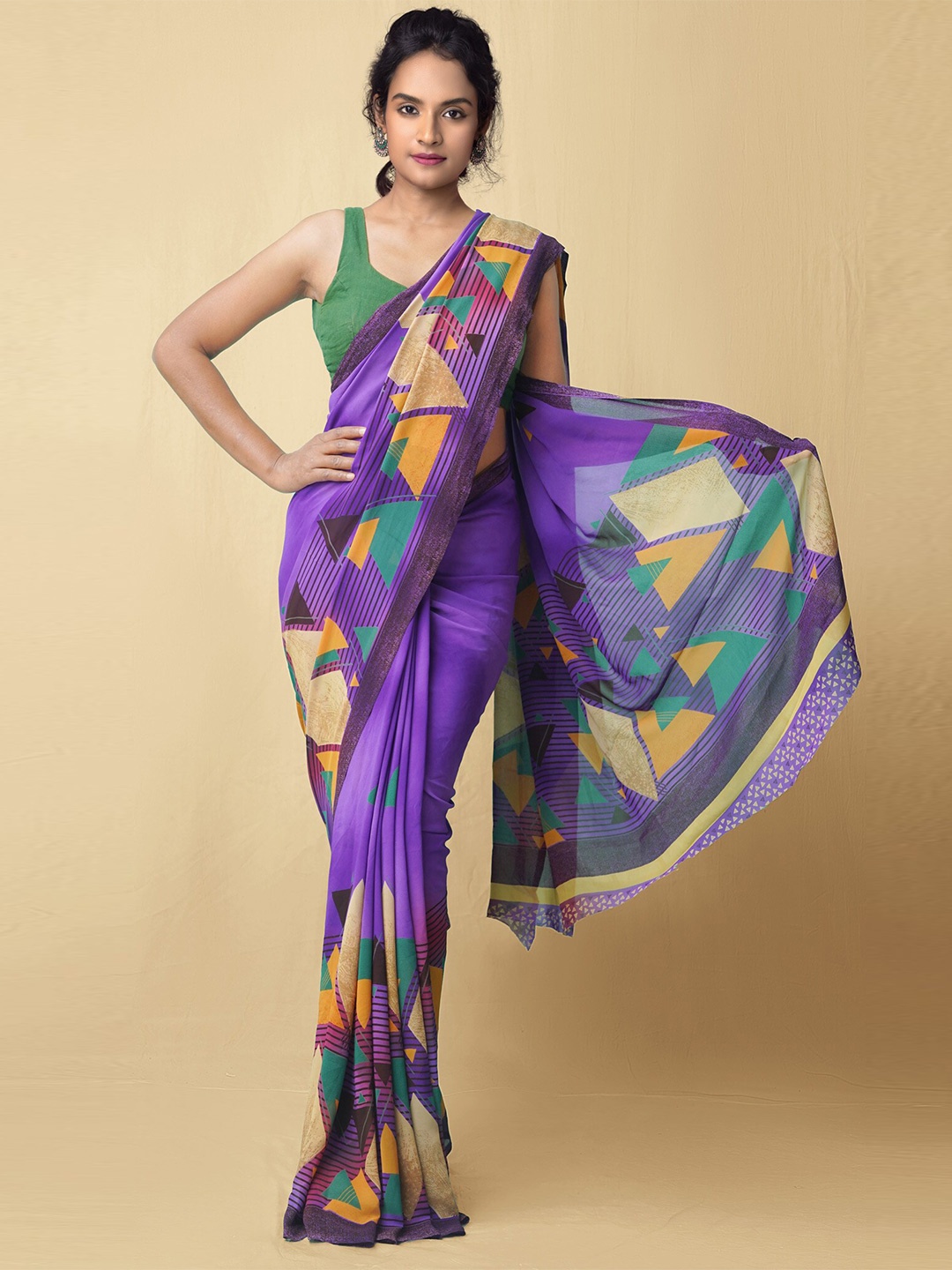 

Unnati Silks Blue & Yellow Block Print Saree