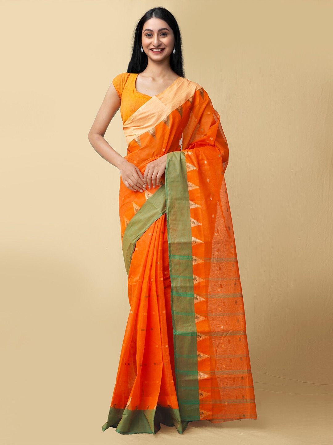 

Unnati Silks Orange & Green Woven Design Pure Cotton Taant Saree