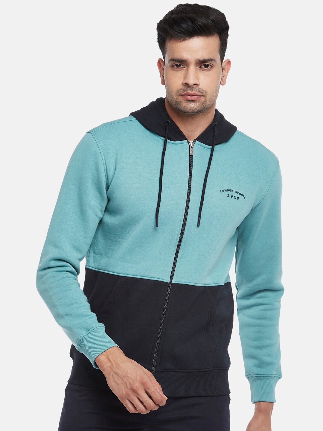 

BYFORD by Pantaloons Men Turquoise Blue & Navy Blue Colourblocked Hooded Sweatshirt