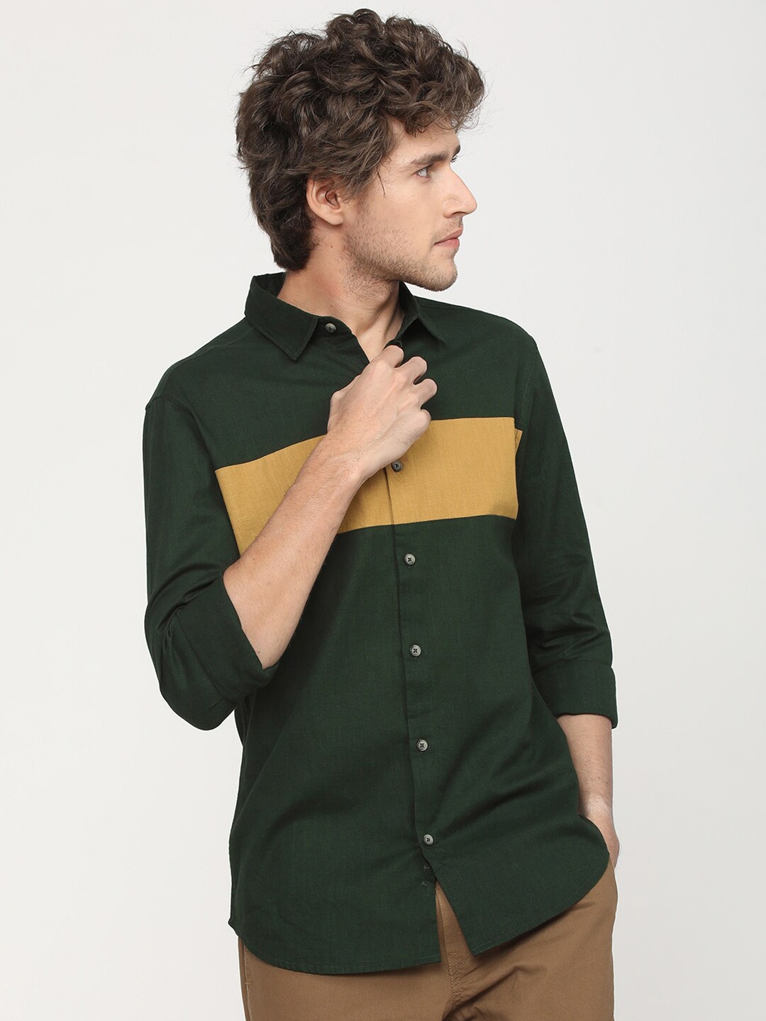 

KETCH Slim Fit Colourblocked Cotton Casual Shirt, Green