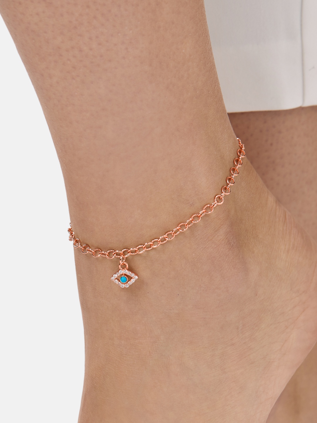 

MINUTIAE Rose Gold-Plated Turquoise Blue & White Crystals Studded Evil Eye Charm Motif Anklet