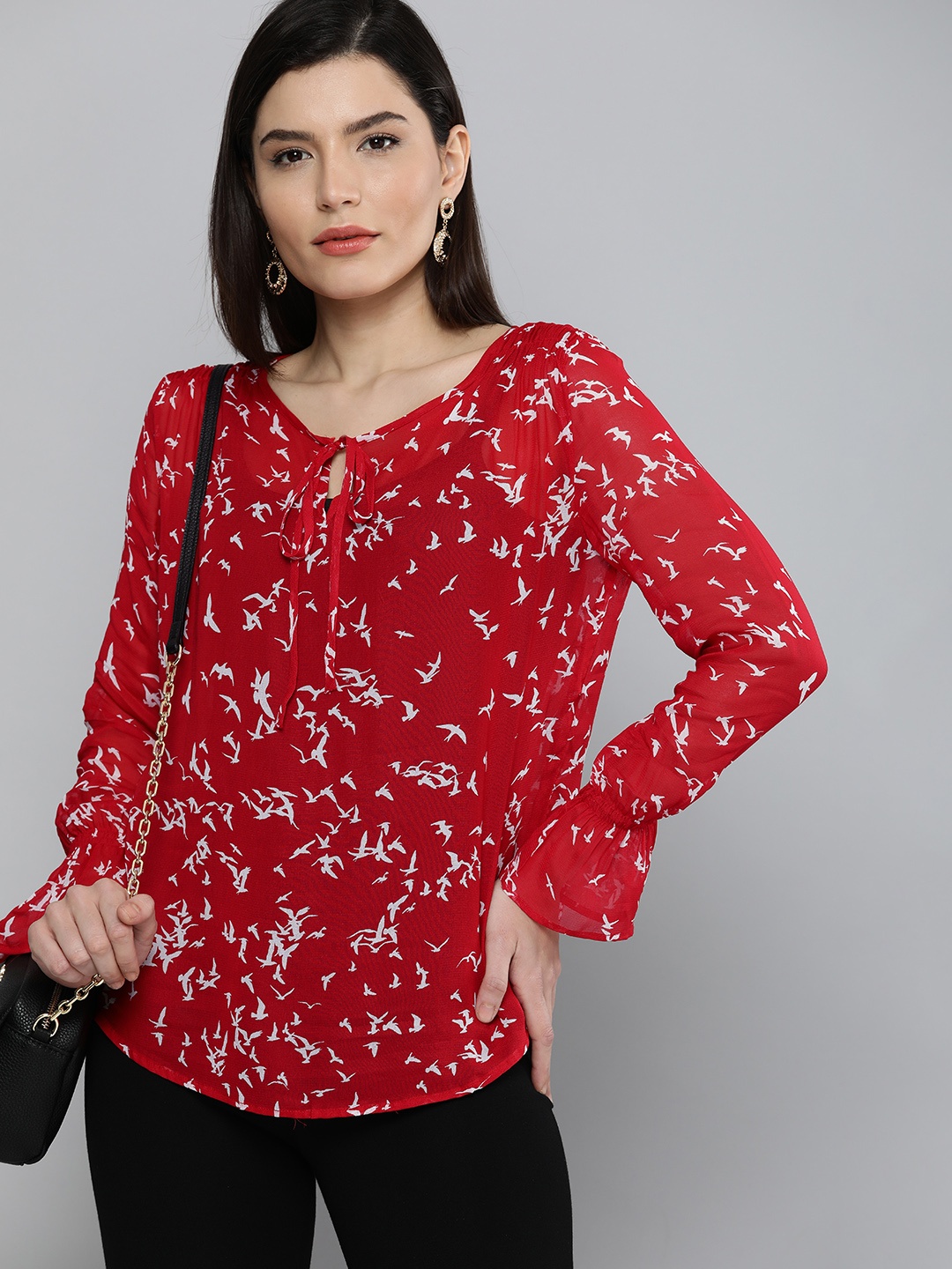 

Chemistry Women Red Printed Georgette Regular Top