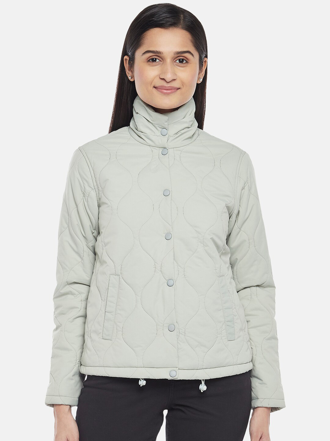 

Honey by Pantaloons Women Blue Longline Bomber with Embroidered Jacket
