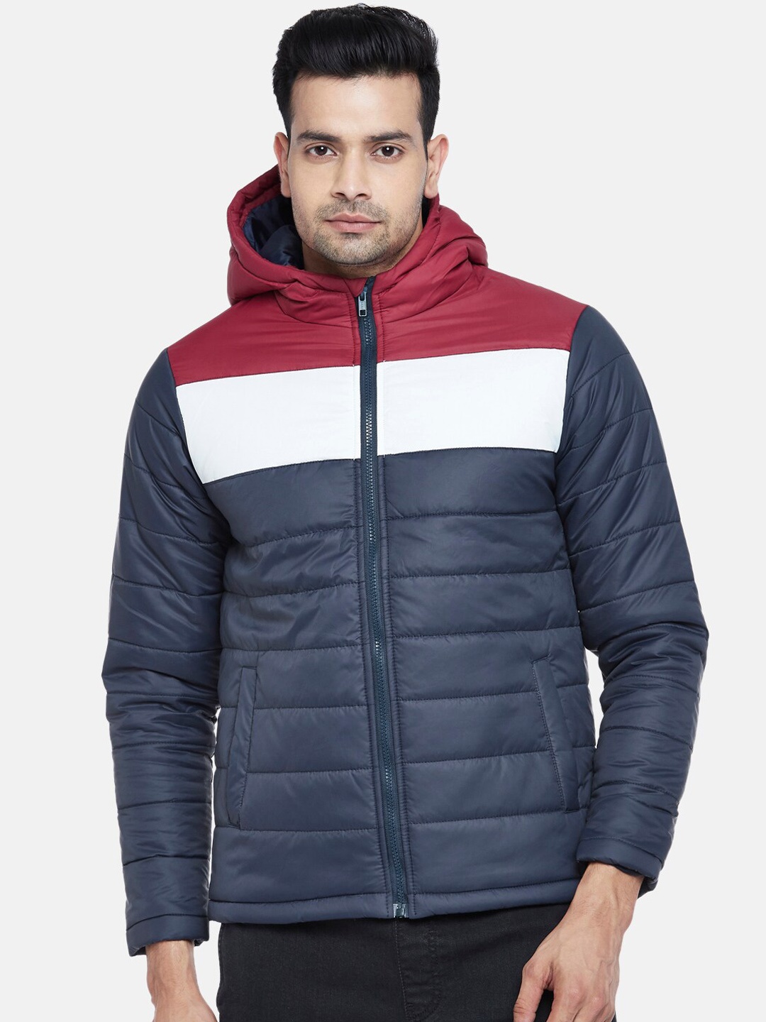 

People Men Rust Navy Blue Colourblocked Crop Padded Jacket