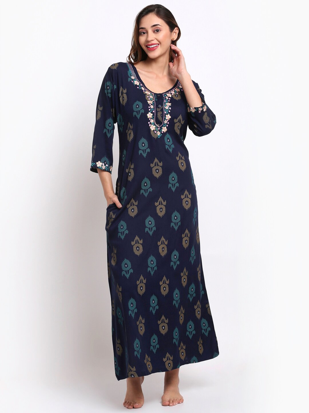 

Claura Navy Blue Embroidered Maxi Nightdress