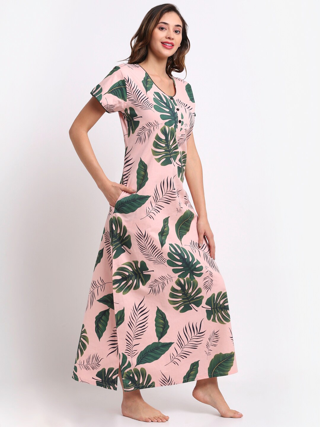 

Claura Women Pink Floral Printed Pure Cotton Maxi Nightdress