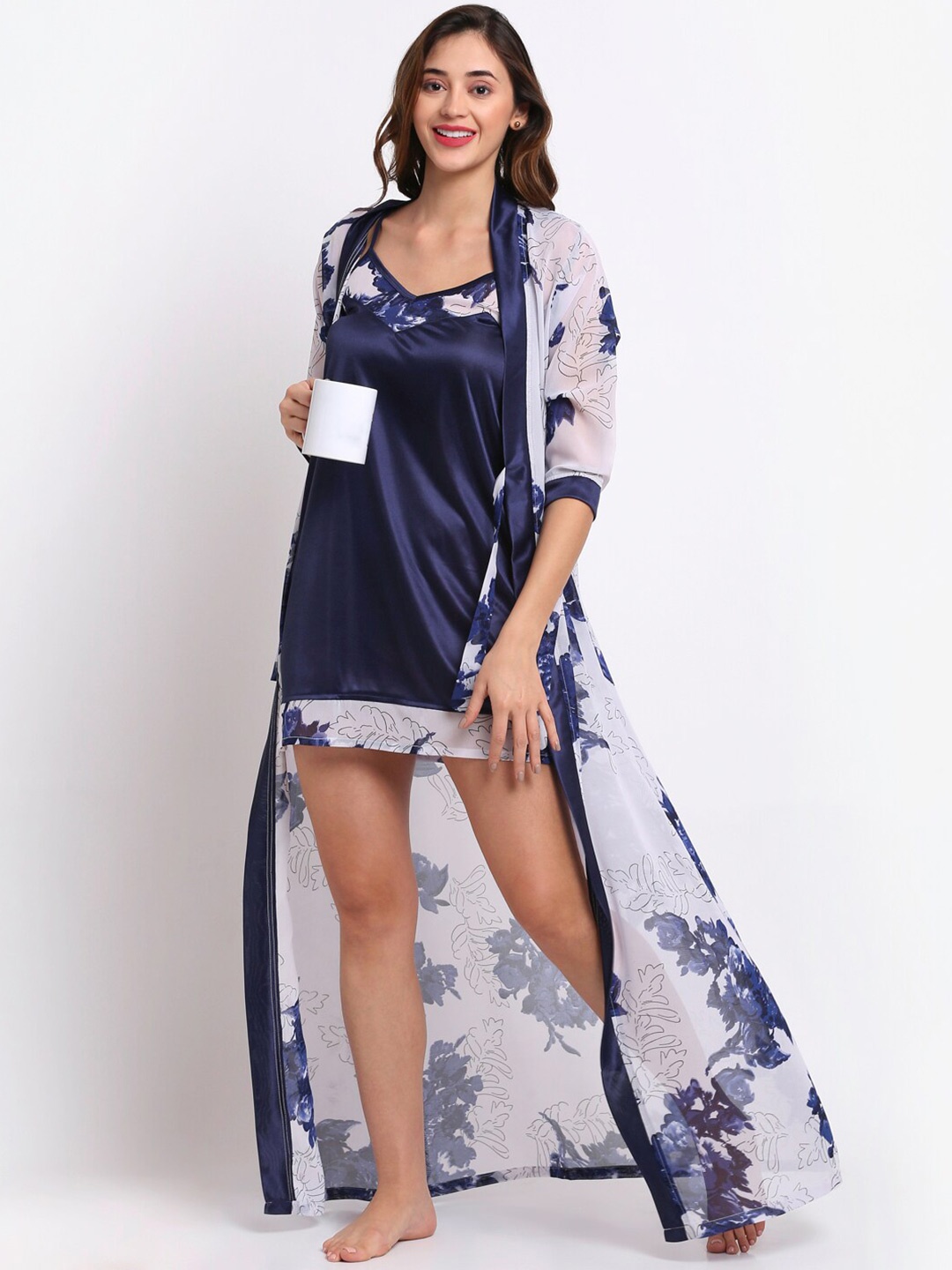 

Claura Navy Blue Printed Nightdress With Robe