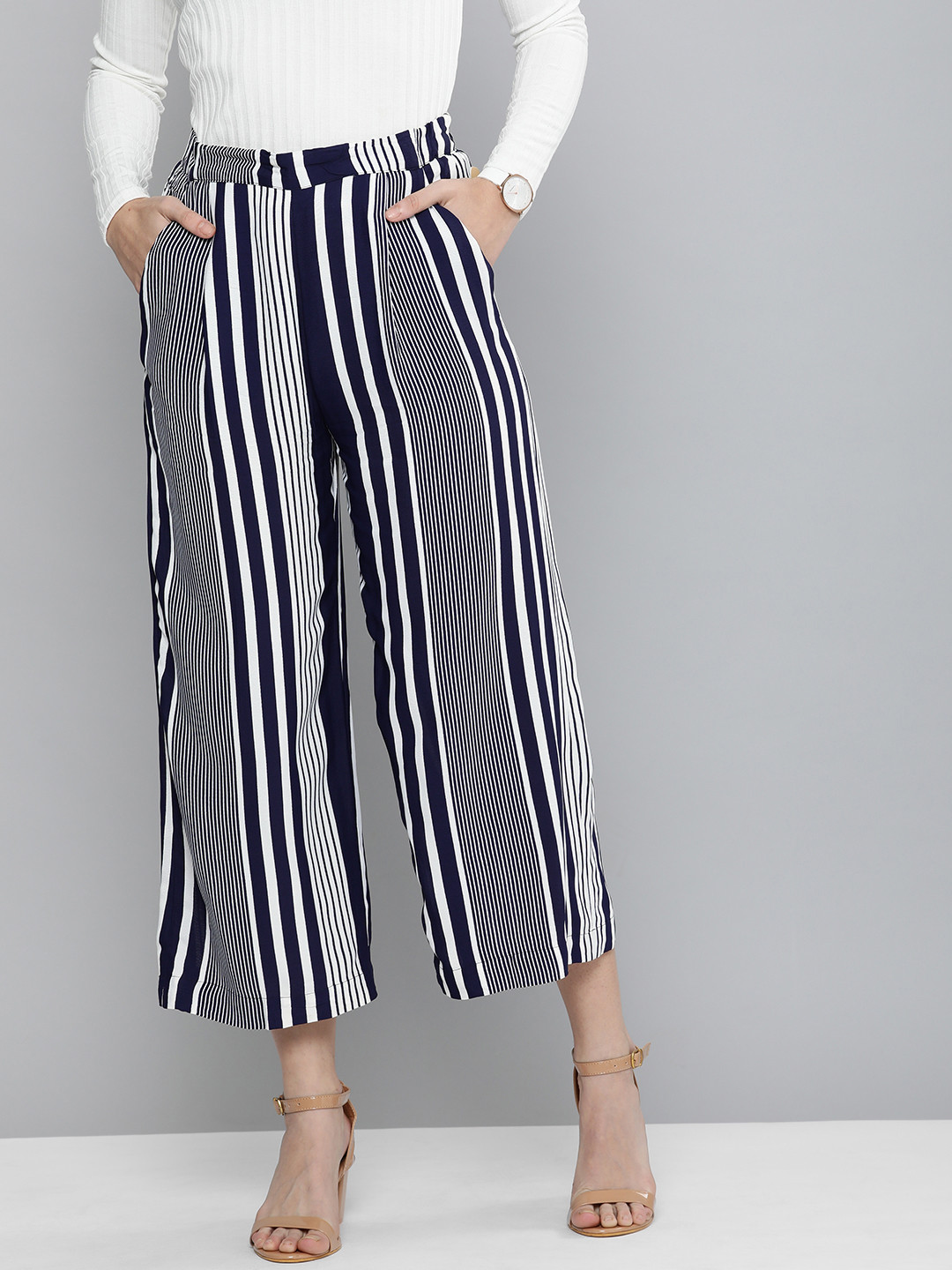 

Chemistry Women Navy Blue & White Striped Lounge Pants