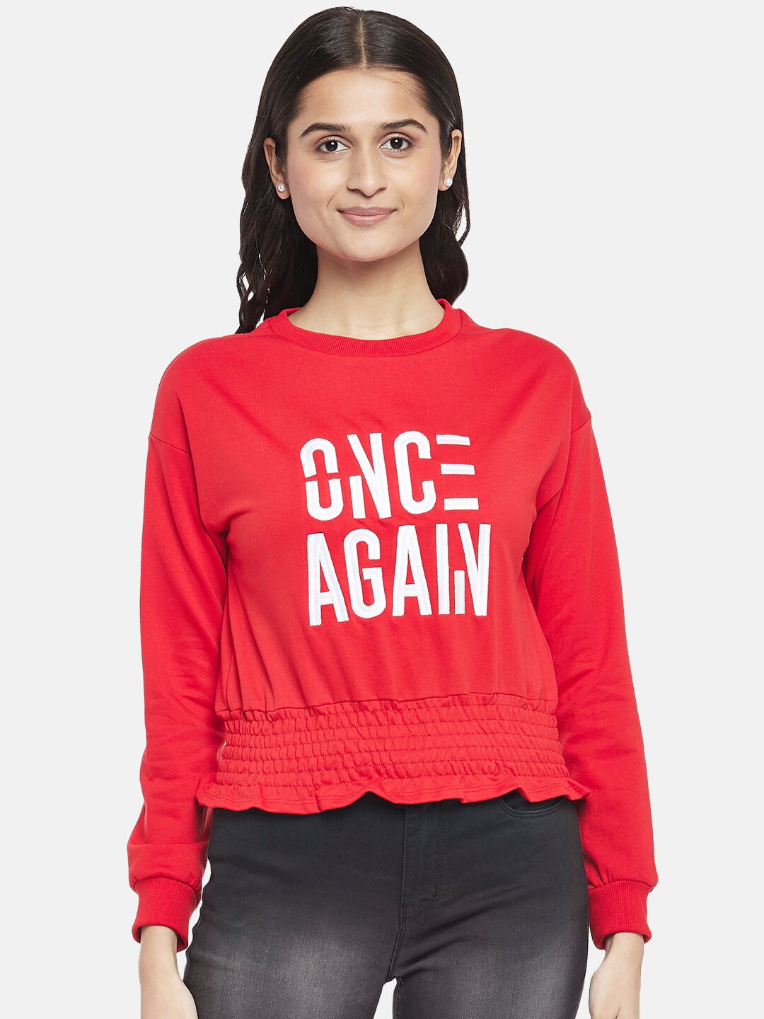 

People Red & White Typography Printed Pullover Crop Pure Cotton Sweatshirt