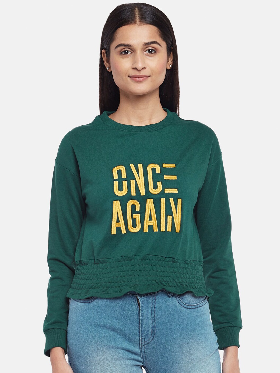 

People Women Green & Yellow Printed Pure Cotton Sweatshirt