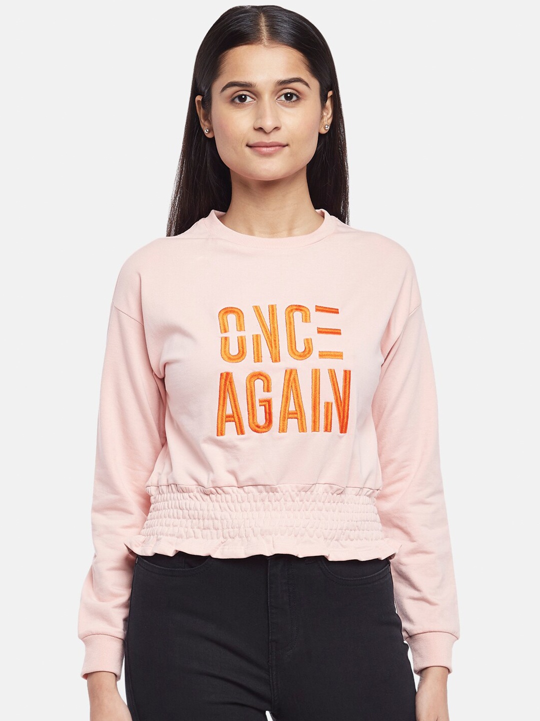 

People Women Pink Printed Cotton Sweatshirt