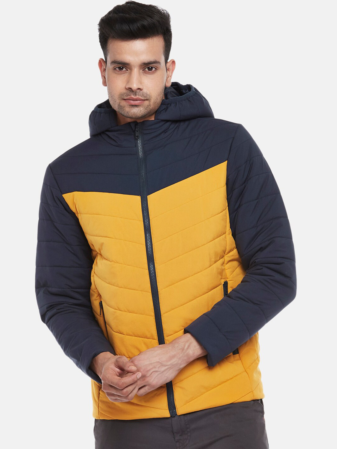 

Urban Ranger by pantaloons Men Mustard Yellow & Navy Blue Colourblocked Padded Jacket