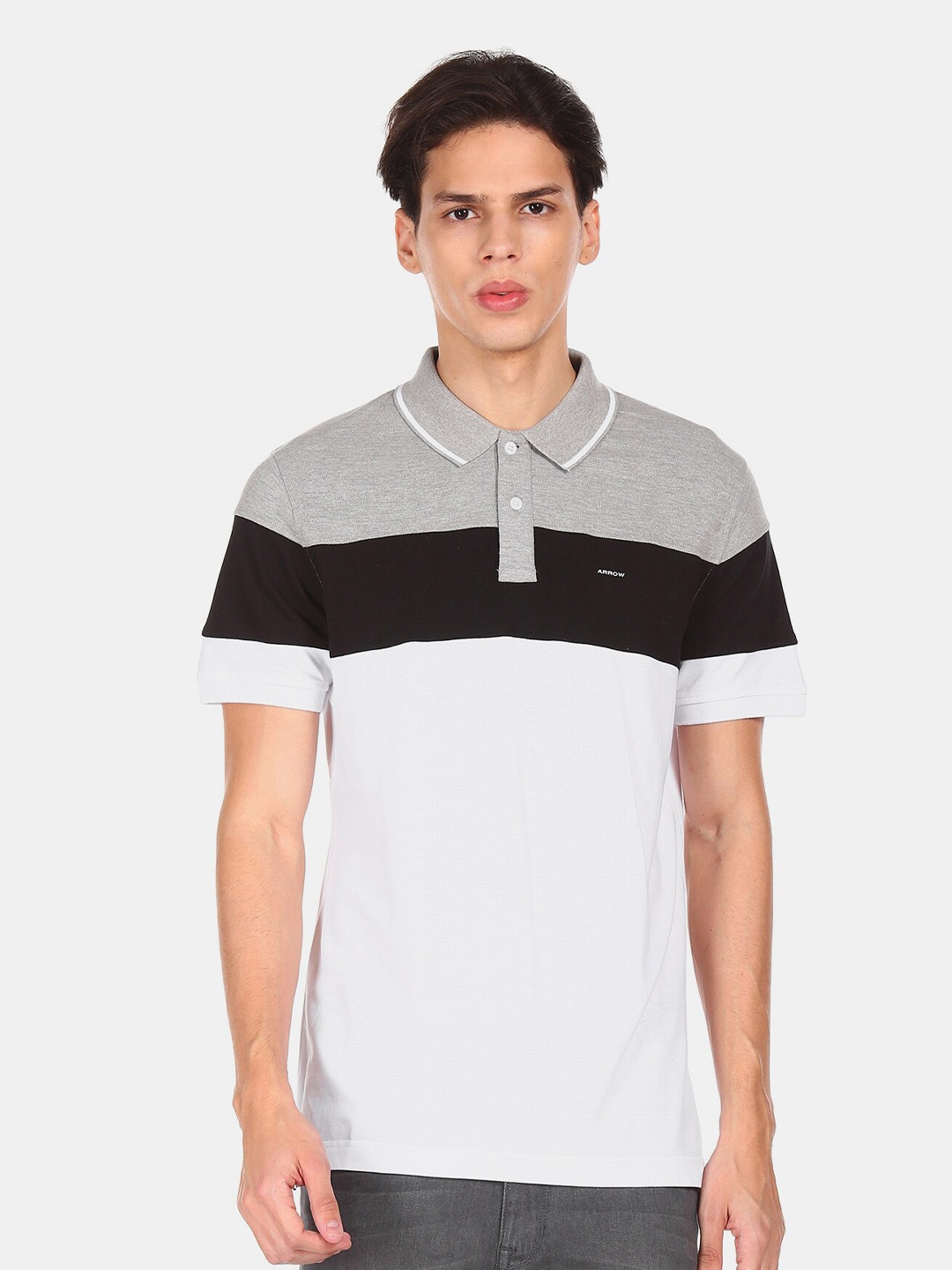 

Arrow Sport Men Grey & White Colourblocked Polo Collar T-shirt