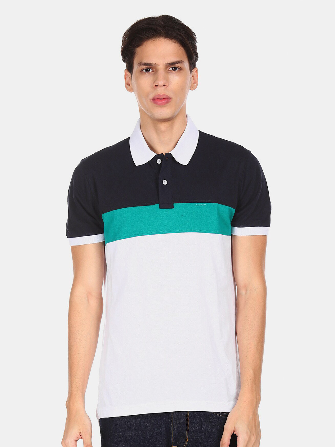 

Arrow Sport Men White & Navy Blue Colourblocked Polo Collar Cotton T-shirt