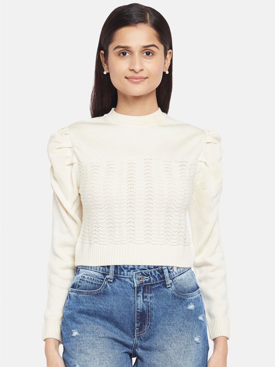 

People Women Off White Self Design Pullover Crop Acrylic Sweater