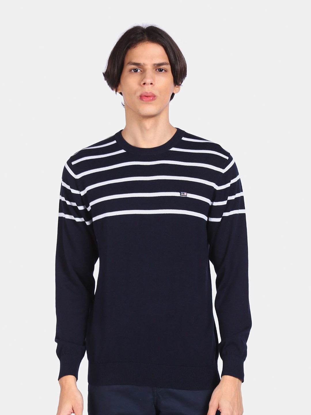 

Arrow Sport Men Navy Blue & White Striped Pullover
