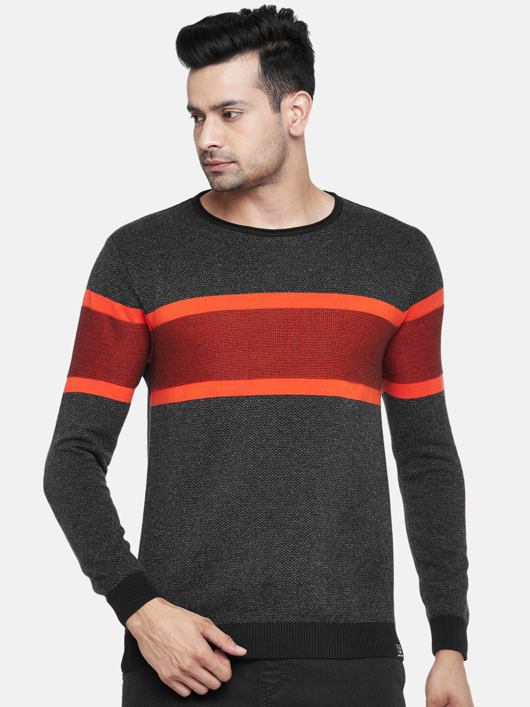 

People Men Black & Maroon Striped Pure Cotton Pullover