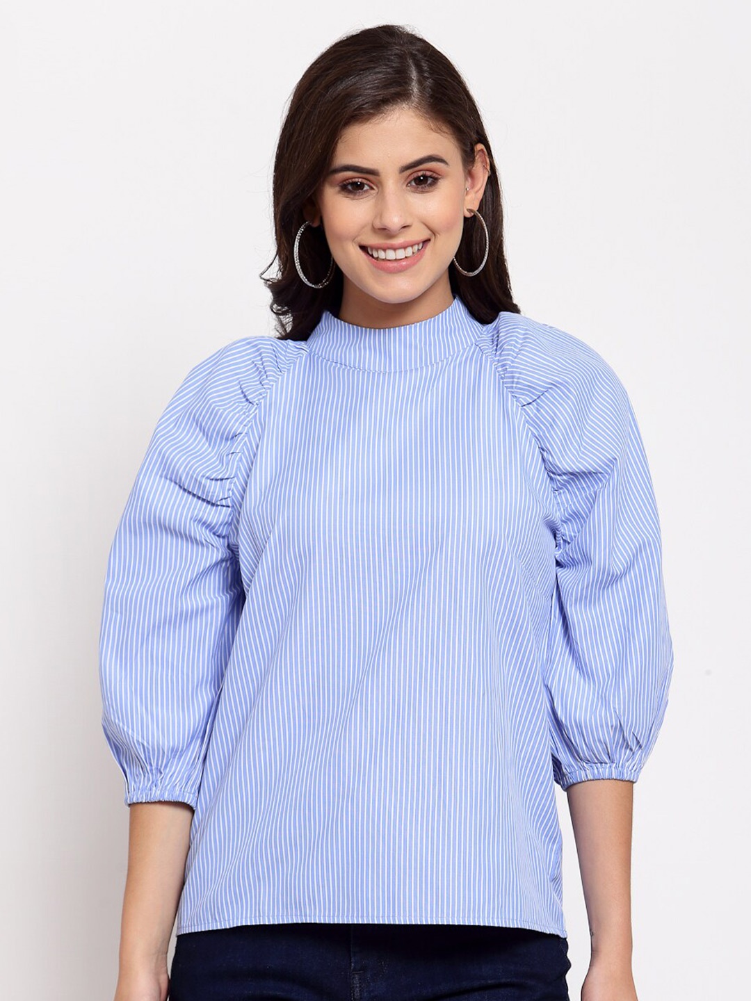 

Style Quotient Blue Striped Puff Sleeve Top