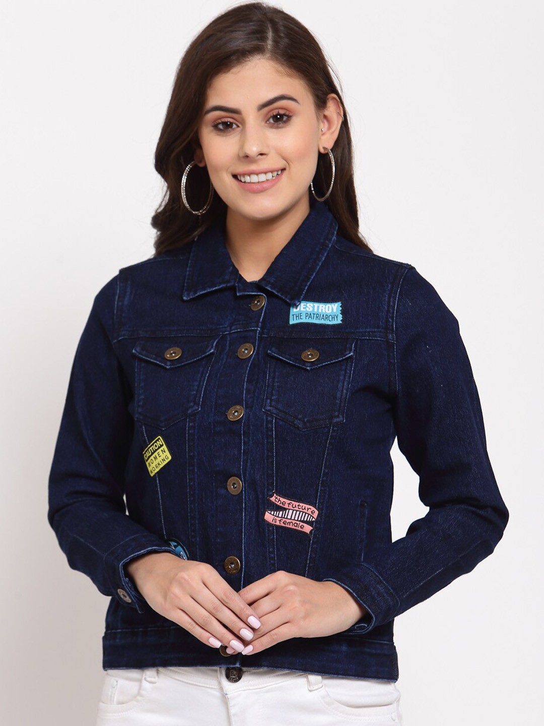 

Style Quotient Women Blue Crop Denim Jacket with Patchwork