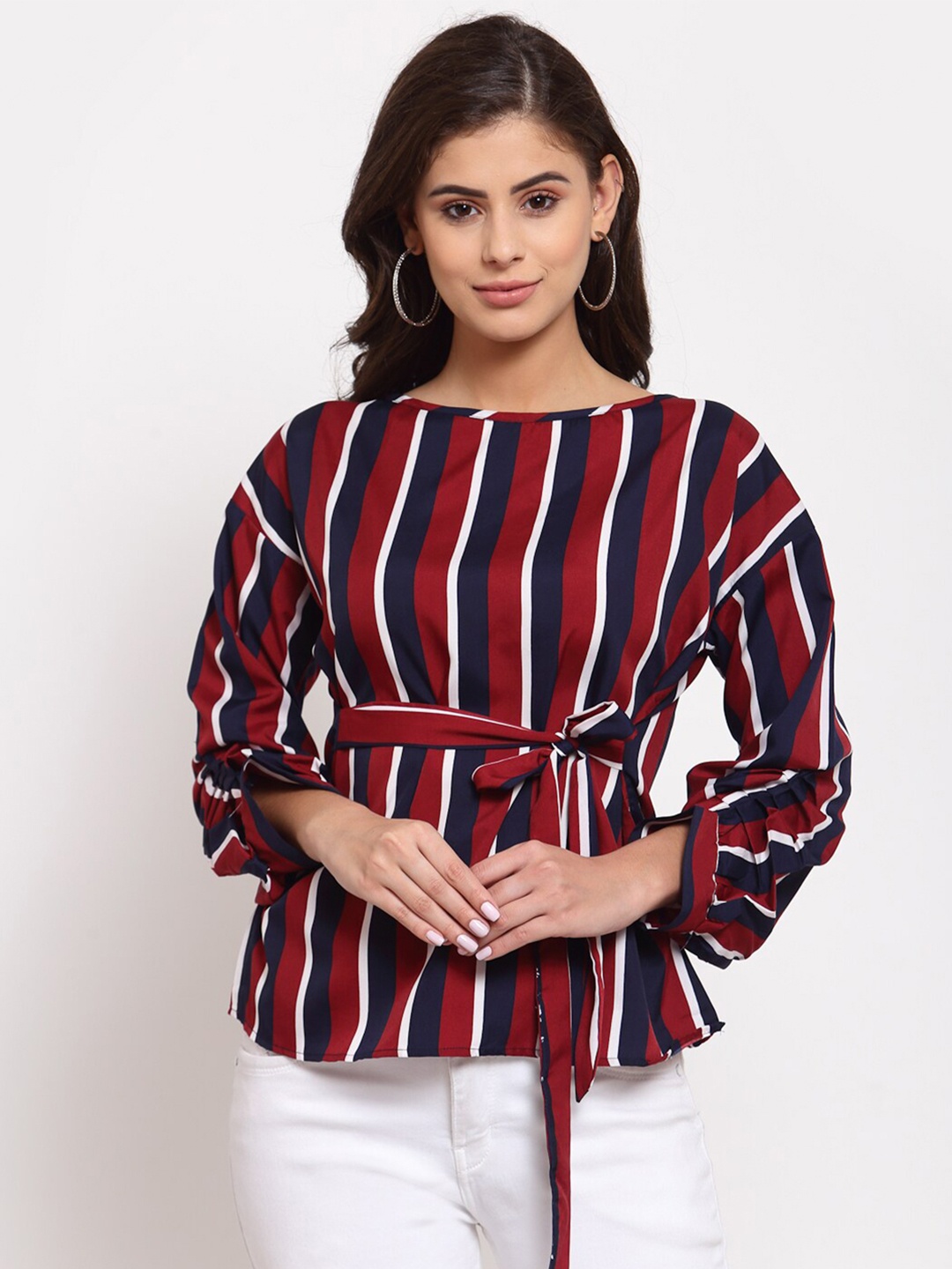 Style Quotient Women Maroon Striped Crepe Cinched Waist Top