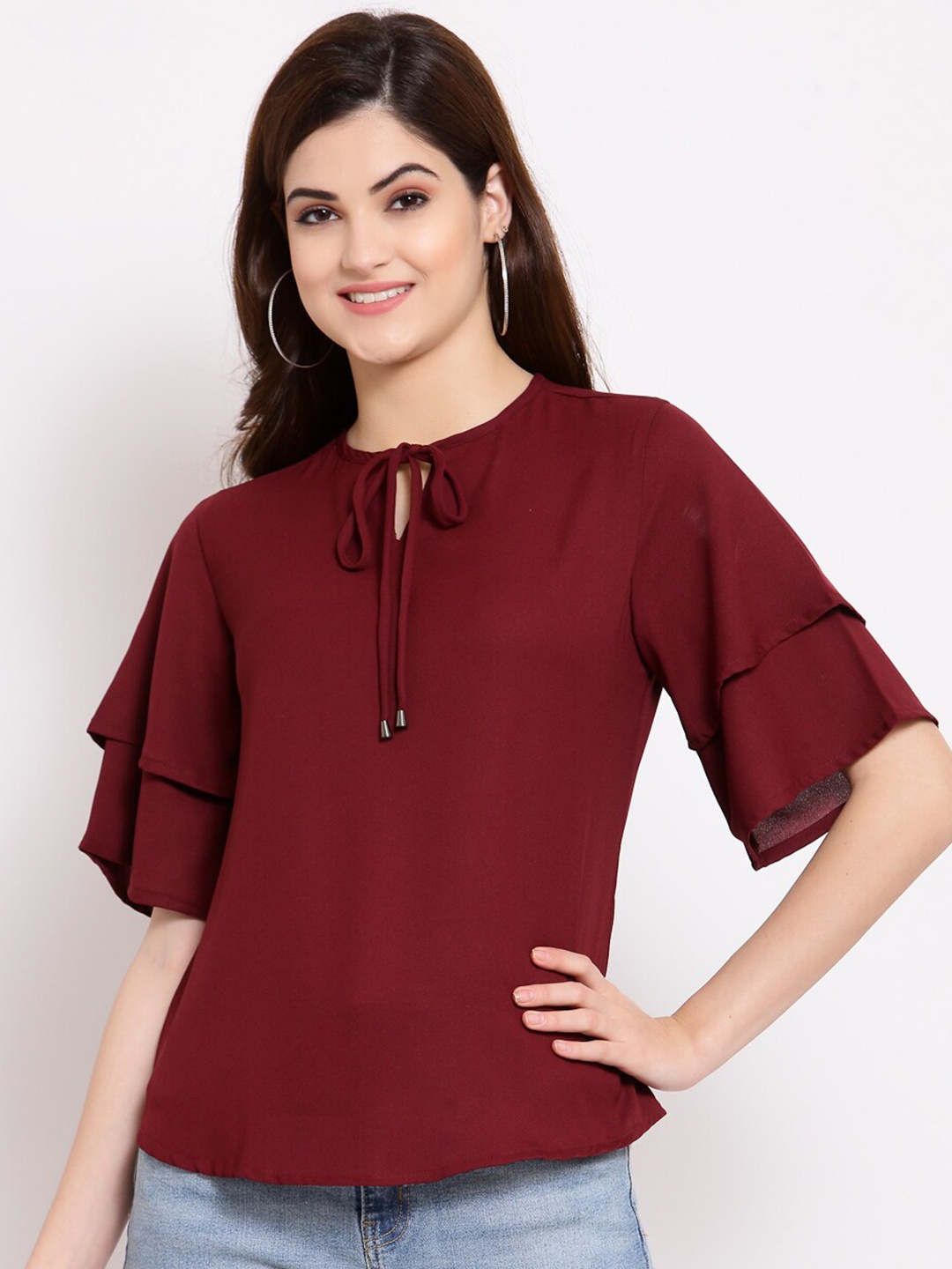 

Style Quotient Women Maroon Tie-Up Neck Regular Top