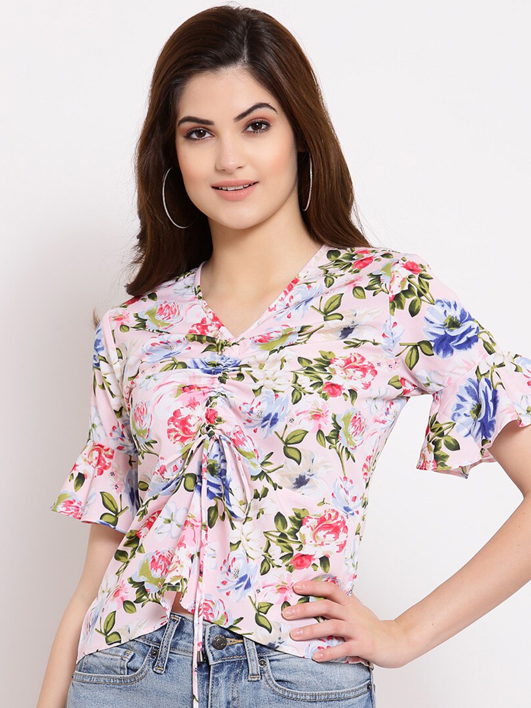 

Style Quotient Pink & Multicoloured Floral Crepe Shirt Style Top