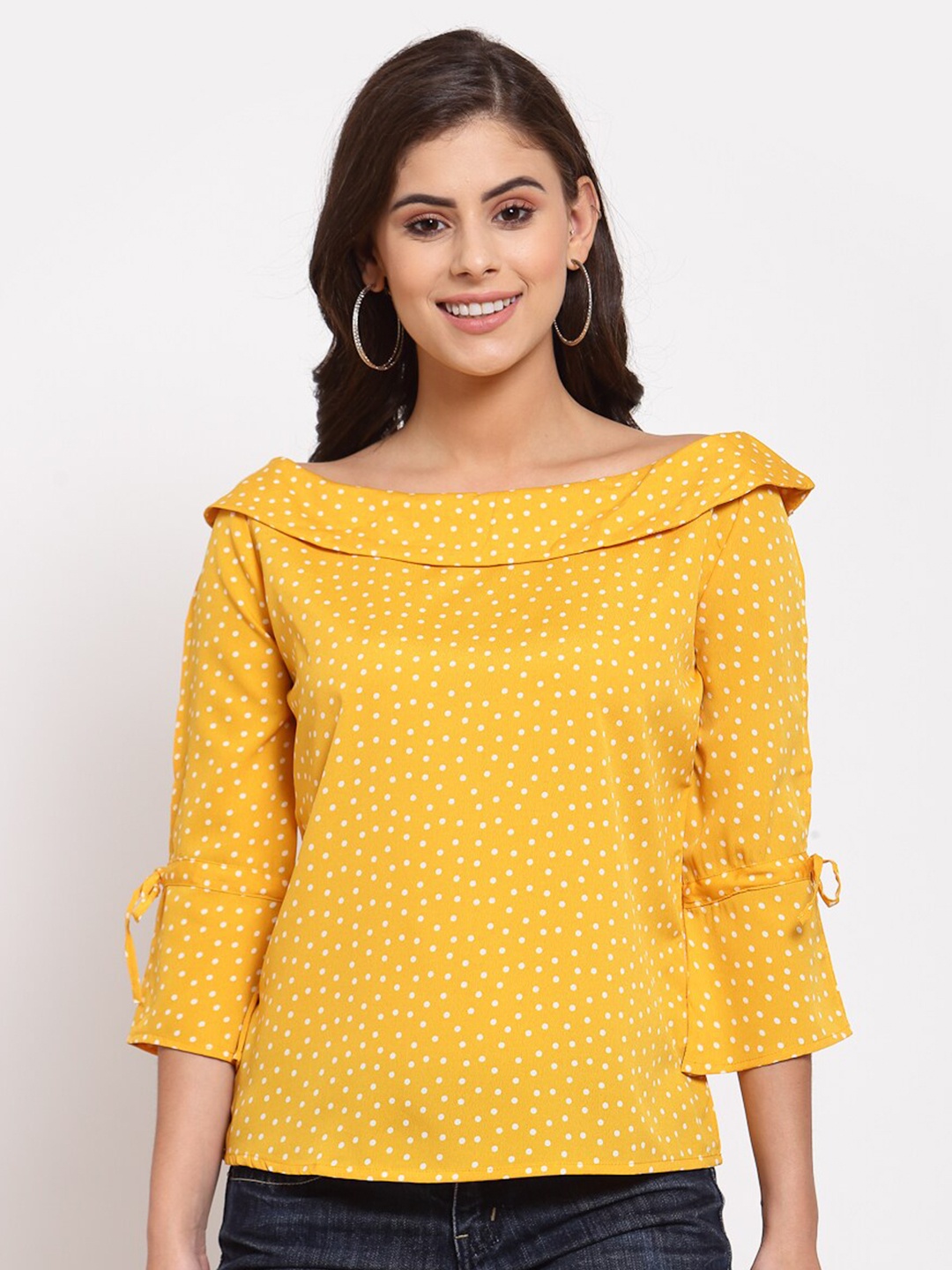 

Style Quotient Mustard Yellow & White Off-Shoulder Crepe Regular Top