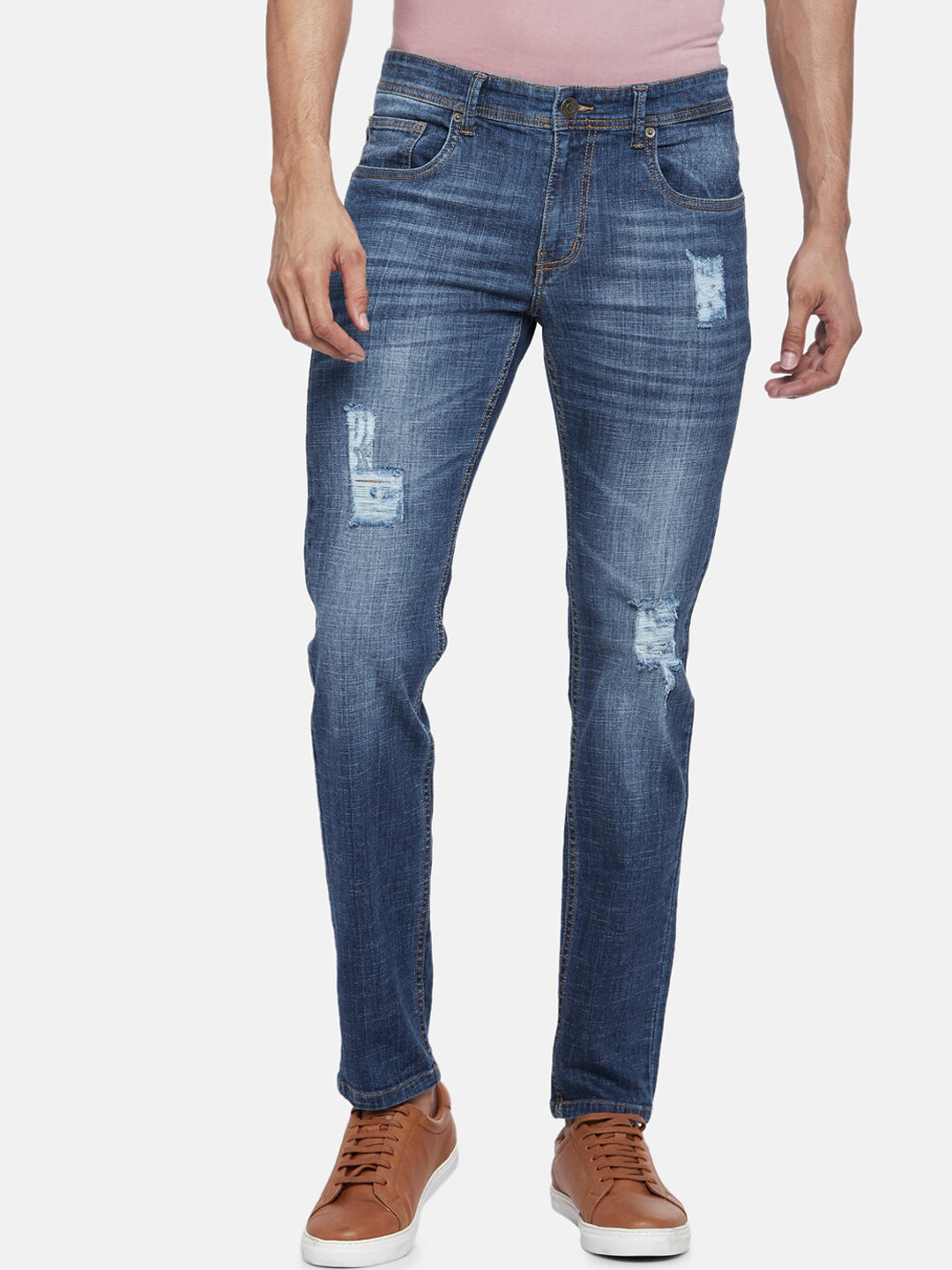 

People Men Blue Slim Fit Mildly Distressed Light Fade Jeans