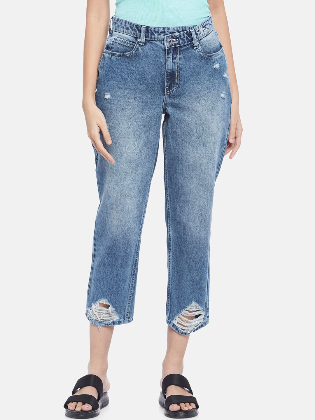 

People Women Blue Relaxed Fit Mildly Distressed Cotton Heavy Fade Jeans