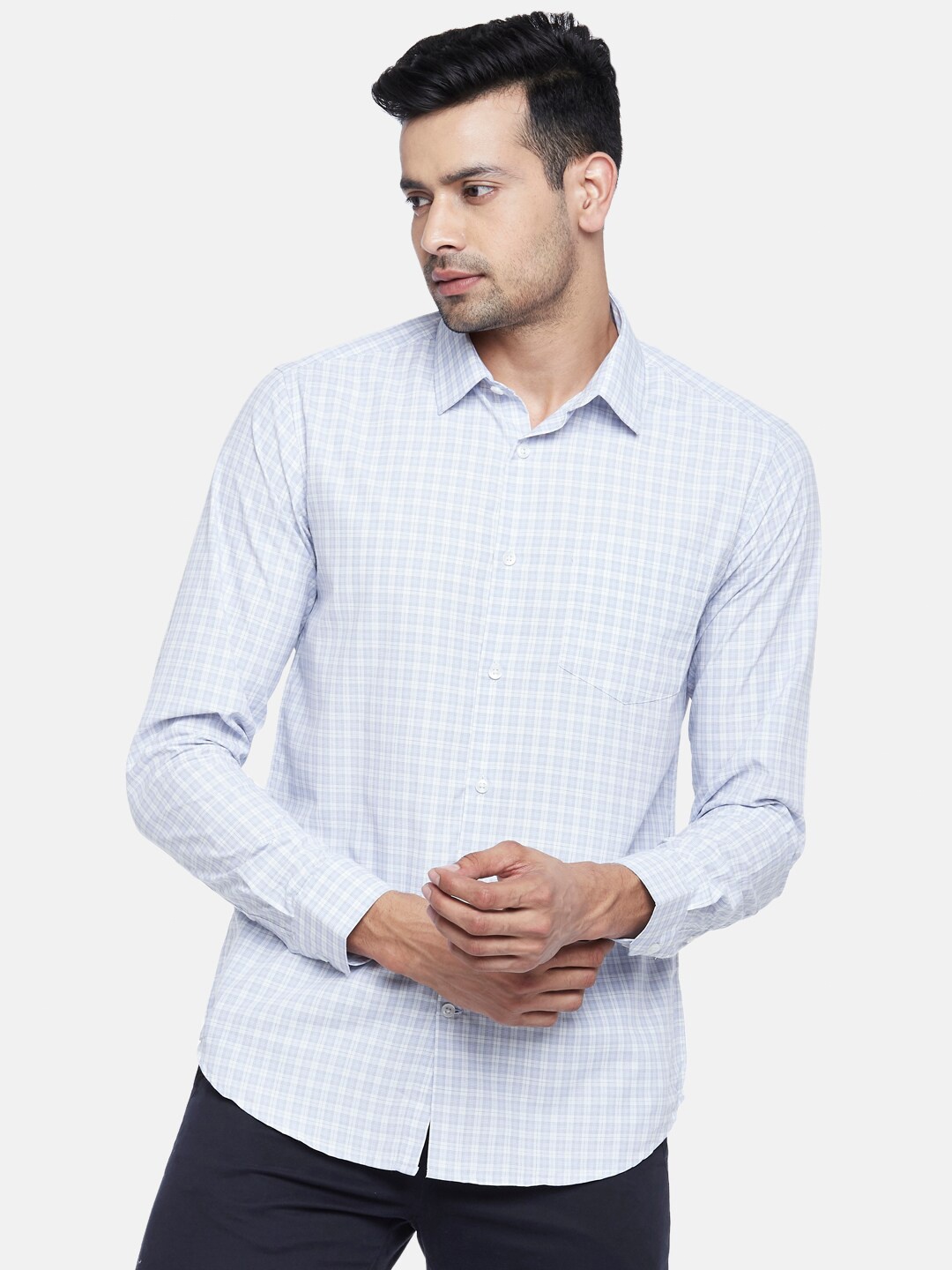 

BYFORD by Pantaloons Men Blue Slim Fit Grid Tattersall Checks Casual Shirt