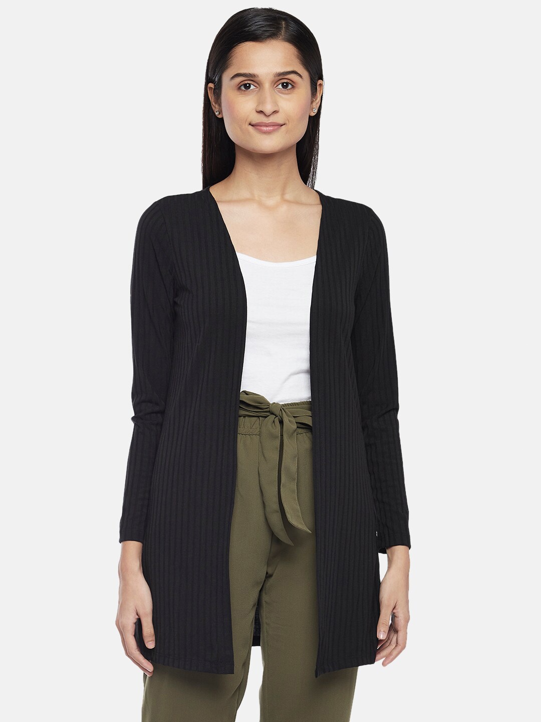 

Honey by Pantaloons Women Black Striped Longline Shrug