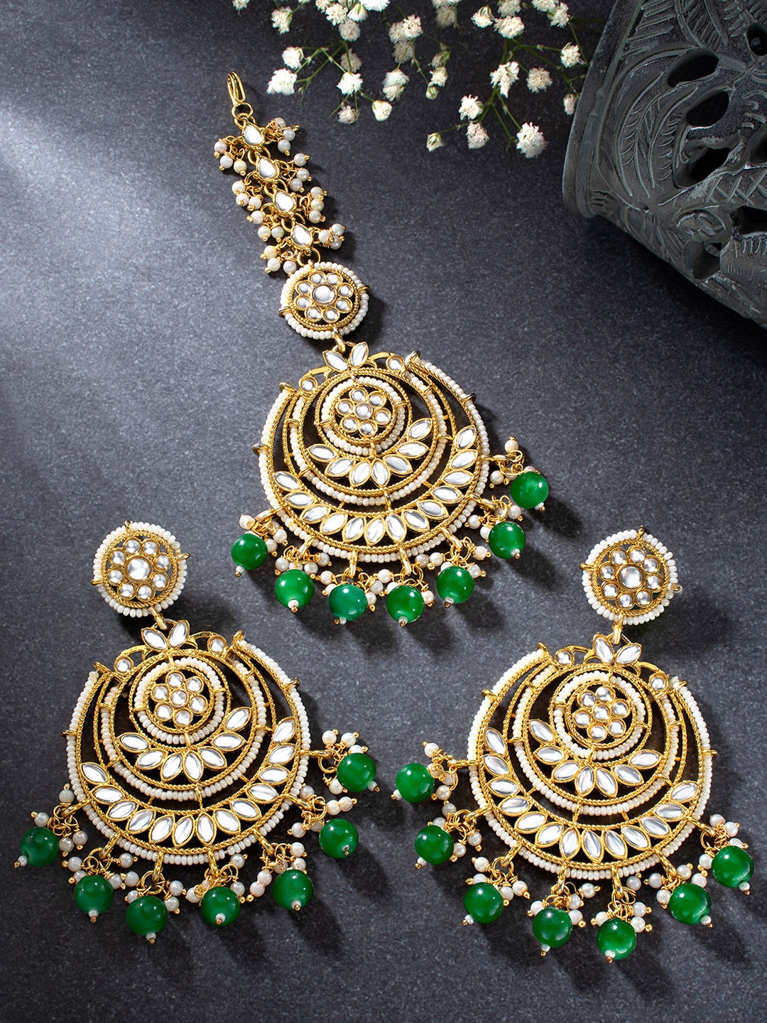 

Peora Green Gold Plated Kundan Studded Chandbali Earrings & Maang Tika