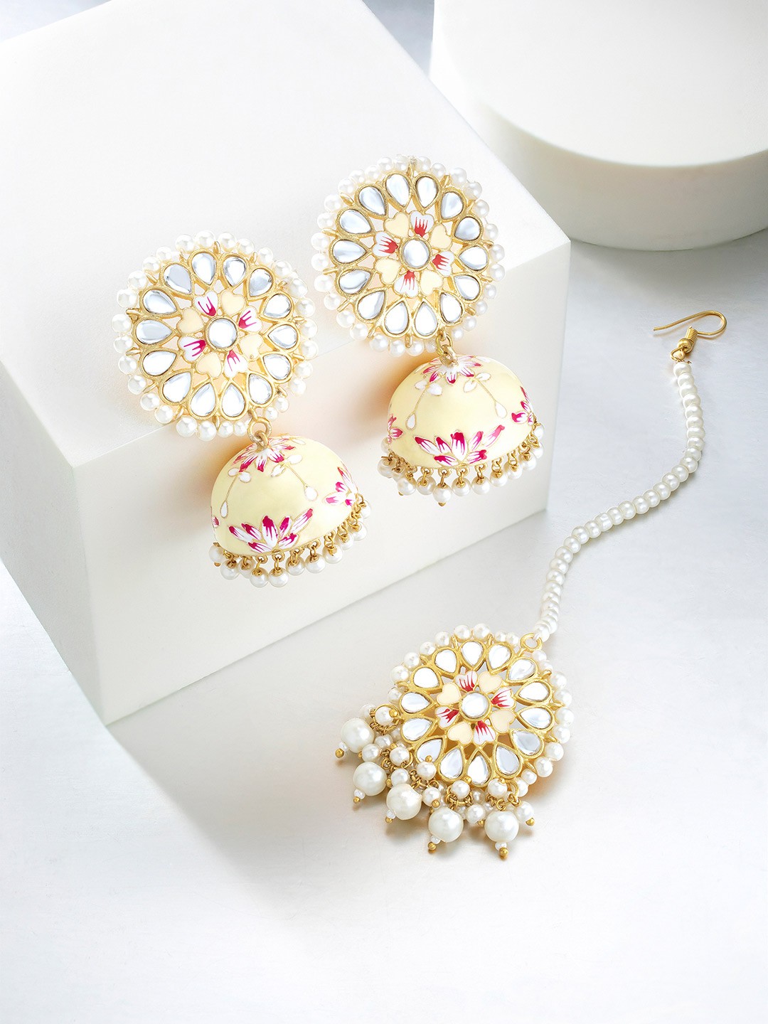 

Peora Cream-Coloured Gold Plated Handcrafted Meenakari Jhumka Earrings & Maang Tika