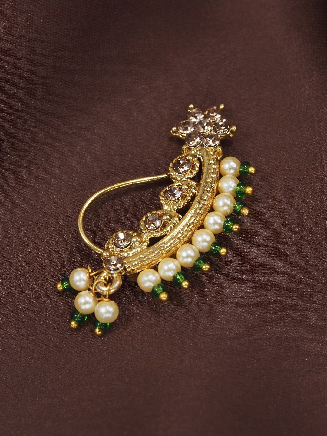 

Peora Green Gold Plated Pearl Studded Traditional Maharashtrian Nath