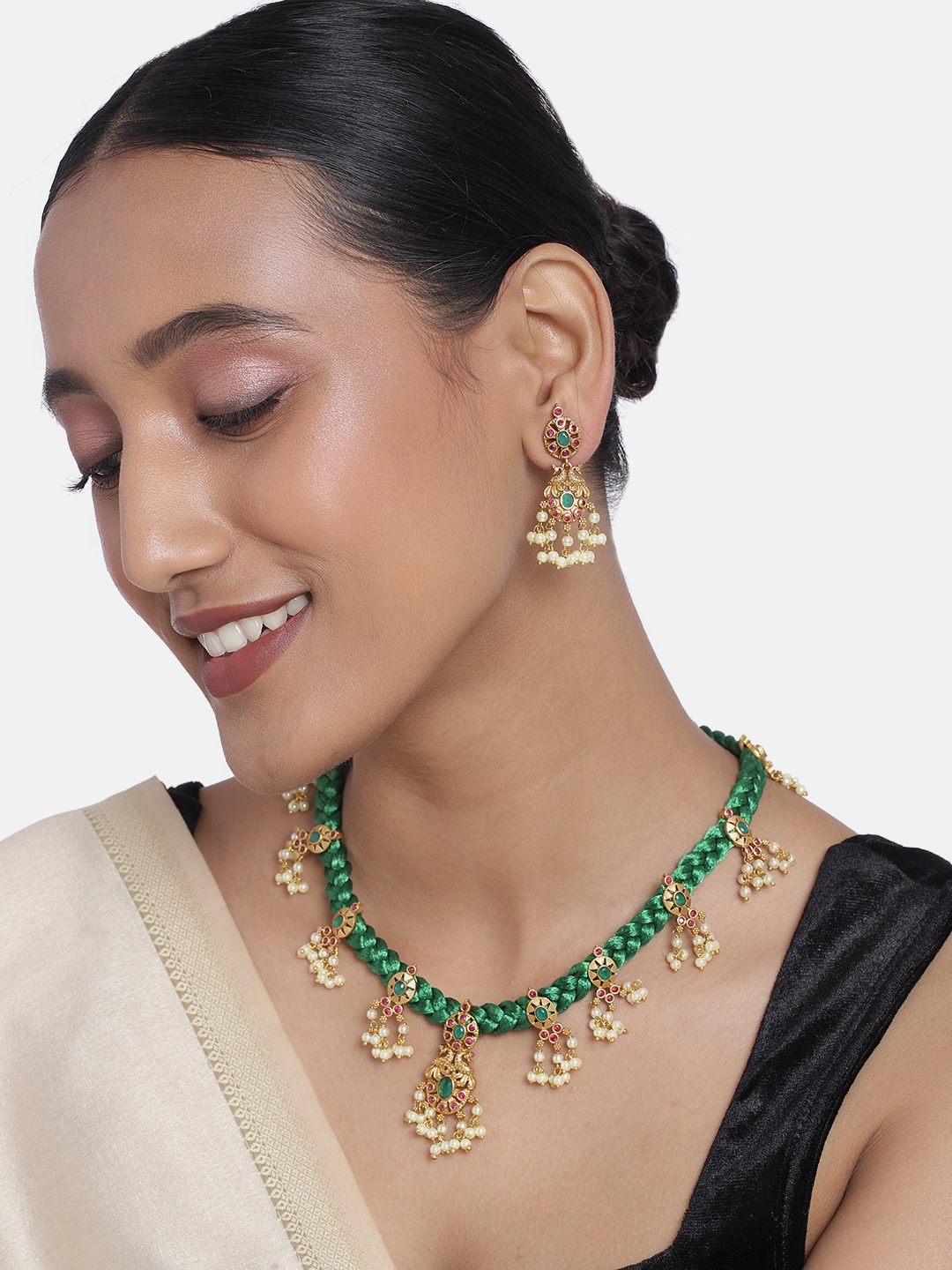

Peora Matte Gold Finish Green Cotton Dori Jewellery Set