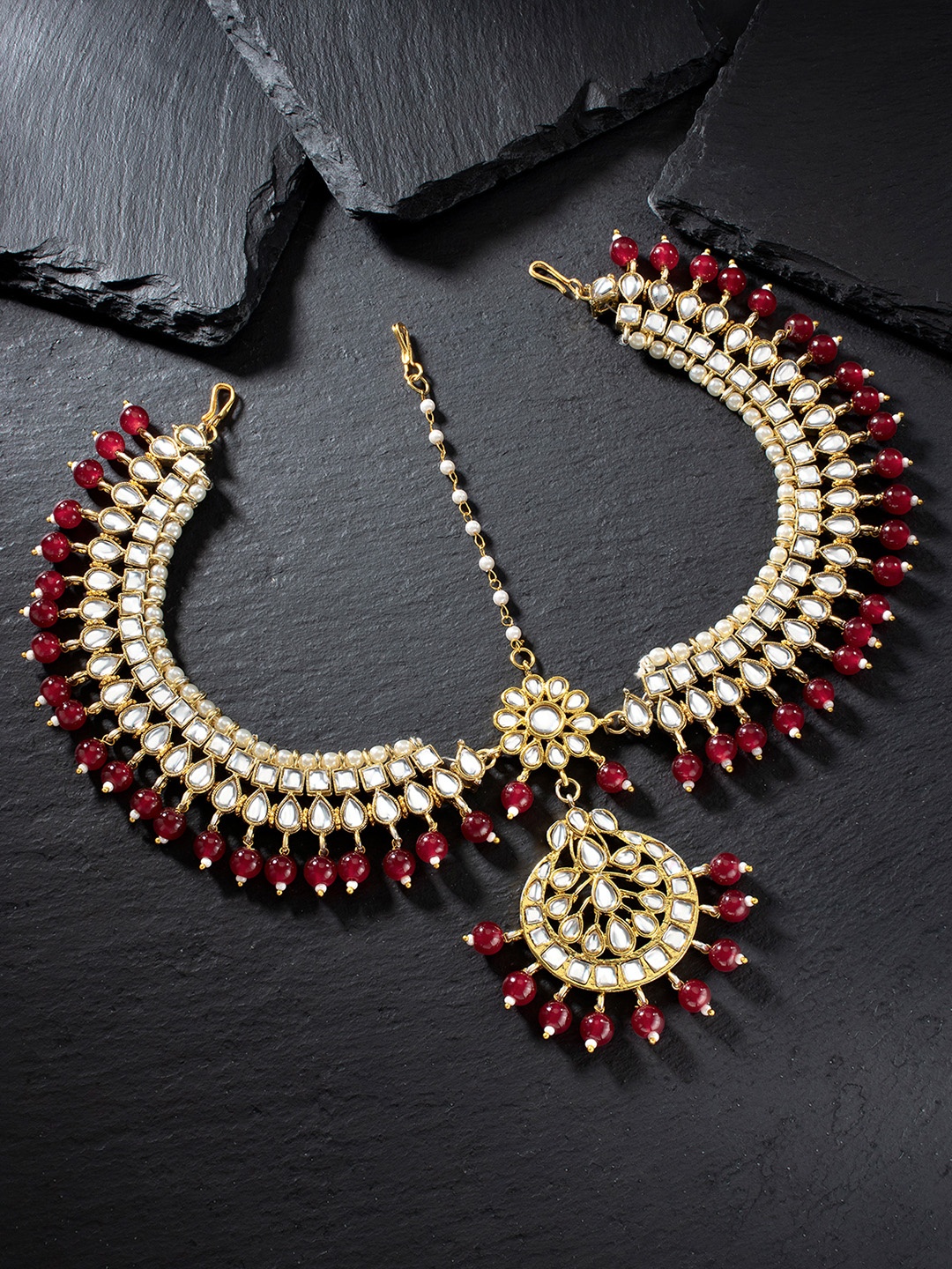 

Peora Women Gold Plated & Maroon Kundan Pearl Studded Matha Patti