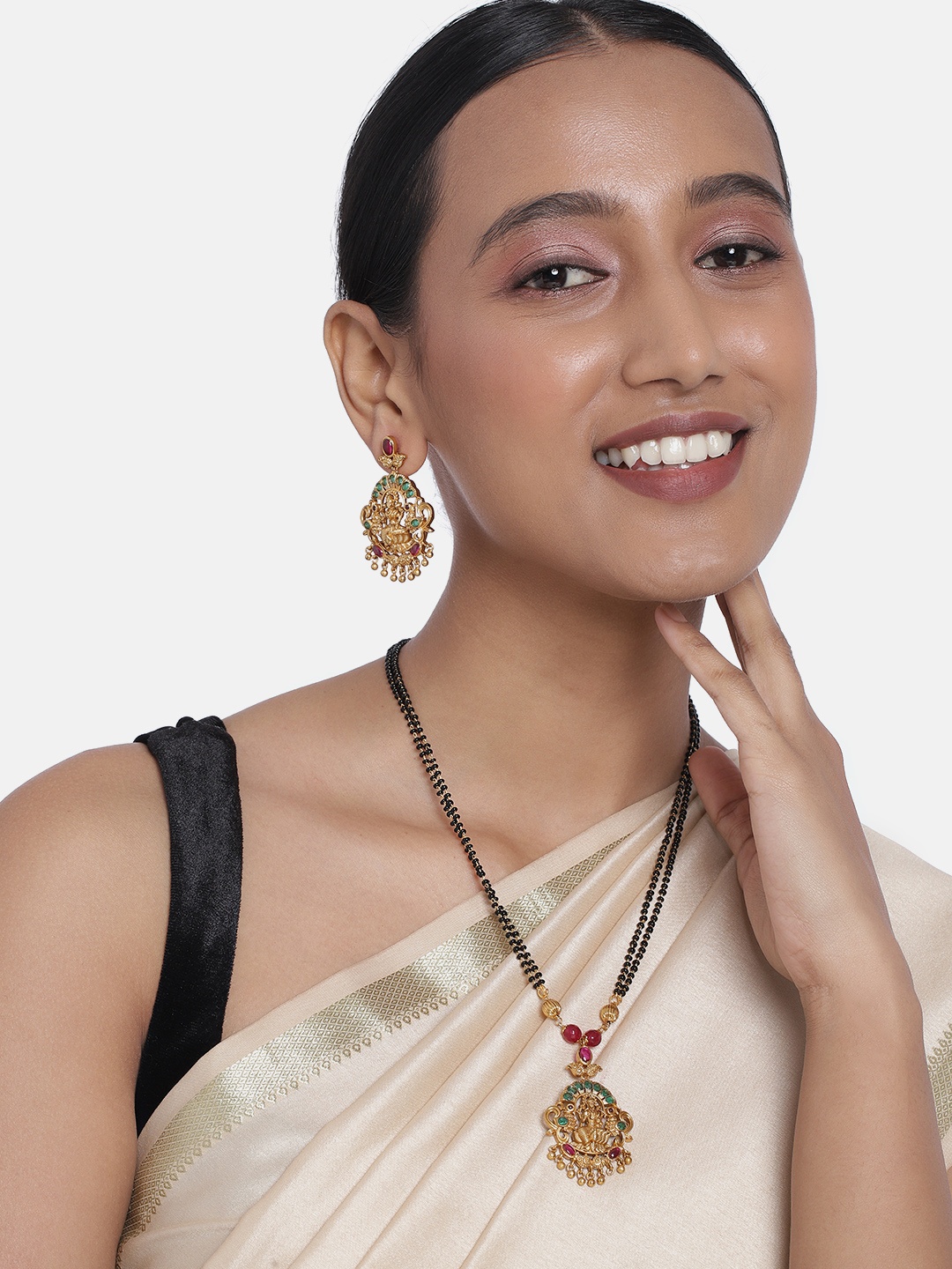 

Peora Matte Gold Plated & Black Beaded Mangalsutra with Earrings, Multi
