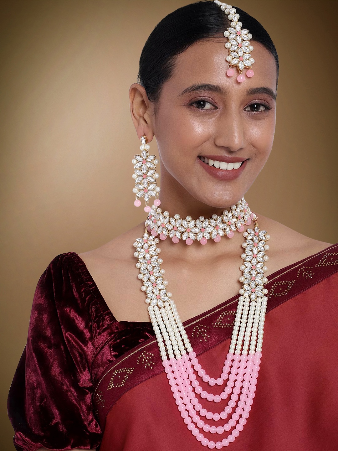

Peora Pink & White Gold-Plated Kundan & Faux Pearls Embellished Jewellery Set