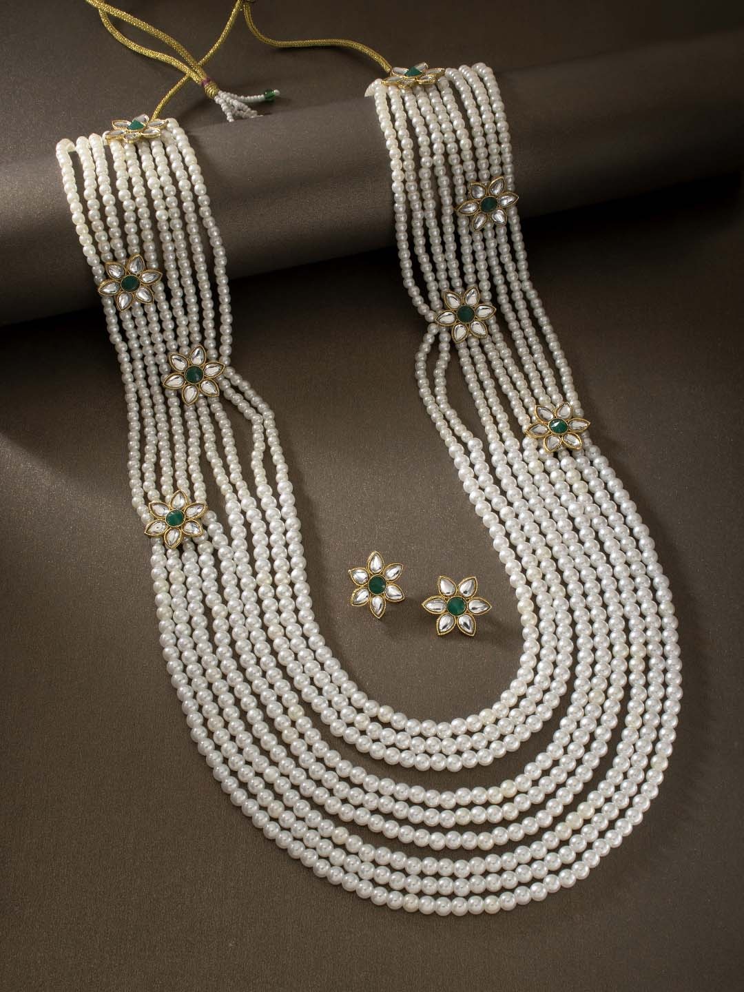 

Peora White & Green Gold-Plated Kundan & Pearl Floral Long Layered Jewellery Set