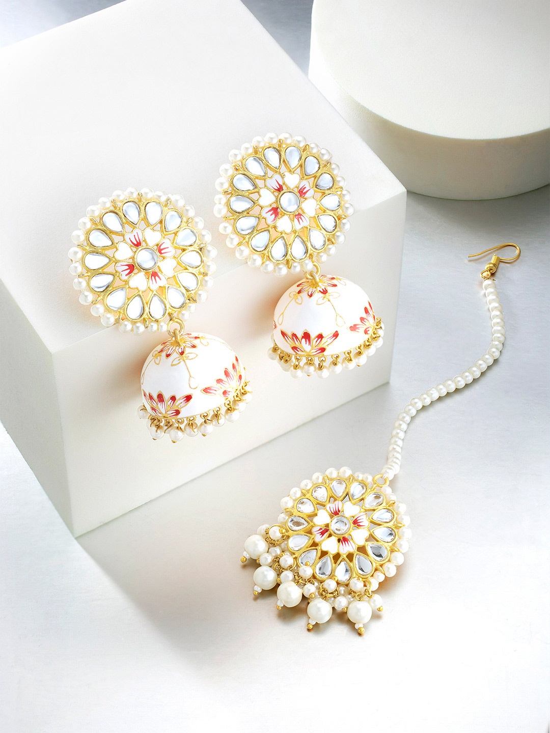 

Peora White Gold-Plated Handcrafted Meenakari Jhumka Earrings & Maang Tika