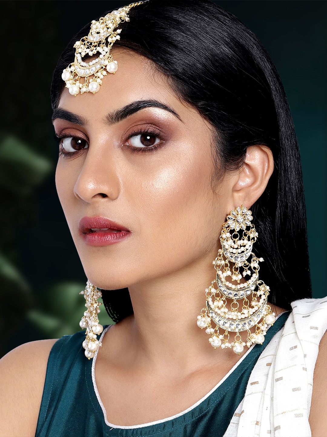 

Peora White Kundan Pearl Studded Ethnic Long Danglers Chandbali Earring & Maang Tika