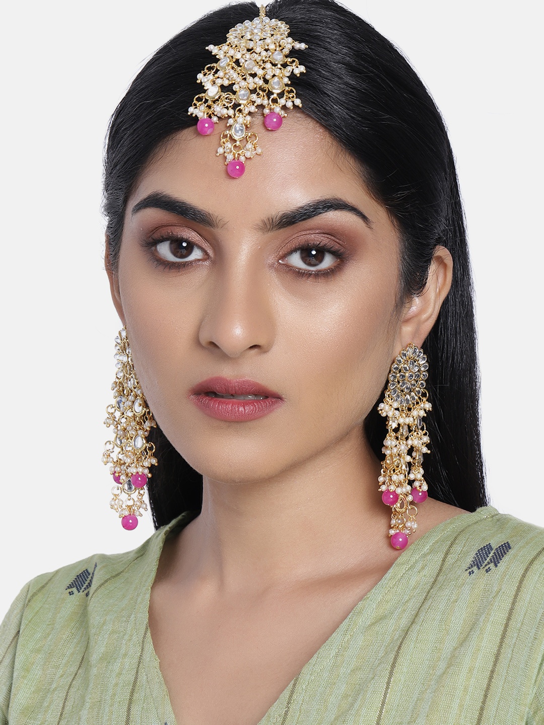 

Peora Magenta Pink Gold Plated Kundan Studded Beaded Classic Drop Earrings & Maang Tika