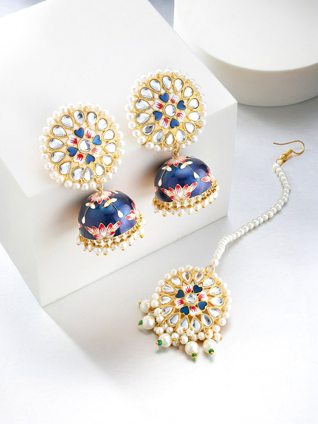 

Peora Handcrafted Meenakari Maangtika with Jhumka, Blue